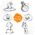 Hand drawn sketch halloween symbols set. Witch hat, potion, jack-o-lantern pumpkins, cross tombstone and zombie hand. Vector illus Royalty Free Stock Photo