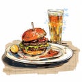 Hand Drawn Sketch Of Hamburger On A Bar Plate