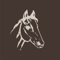 Hand drawn sketch of horse head. Light beige line drawing isolated on brown background. Mustang portrait. Vector animal. Royalty Free Stock Photo