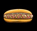 Hand drawn sketch of Hot Dog in color isolated on black background. Detailed vintage style drawing. Vector illustration