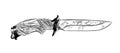 Hand drawn sketch of hunting knife in black isolated on white background. Detailed vintage etching style drawing. Royalty Free Stock Photo