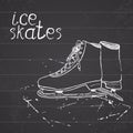 Hand drawn sketch ice skates. Drawing Sport doodle element winter sports items. on chalkboard background