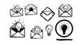 Hand drawn sketch icons of envelopes with light bulbs symbolizing ideas creativity innovation set on white background Royalty Free Stock Photo
