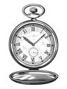 Vintage pocket watch. Retro old clock isolated. Hand drawn sketch illustration in engraving style Royalty Free Stock Photo