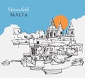 Hand drawn sketch illustration of Marsaxlokk coastline in Malta