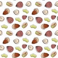 Hand drawn sketch illustration seamless background pattern almonds, macadamia, hazelnuts. Vector illustration with