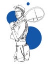 Hand-drawn sketch illustration of a young tennis player holding a raquette Royalty Free Stock Photo