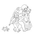 Hand drawn sketch of immigrant family: mother, father and little boy. Refugees family isolated, vector illustration