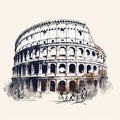 Hand Drawn Sketch Of Italian Colonial Colosseum In Fluid Ink Washes