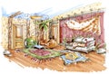 Hand drawn sketch of a jungle style playroom interior Royalty Free Stock Photo