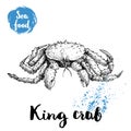 Hand drawn sketch king crab with big thorns. Seafood vector illustration