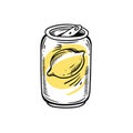 Hand drawn sketch lemonade in an aluminum can. Lemon sign.