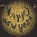 Hand drawn sketch, lettering happy new year on a gold glitter Royalty Free Stock Photo