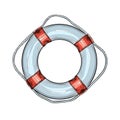 Hand drawn sketch of lifebuoy in red and blue color, isolated on white background. Detailed vintage style drawing