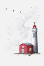 Hand Drawn Sketch lighthouse with cloudy and bird flying on the sky, Illustation digital drawn on white waterpaper
