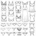 Hand drawn sketch Lingerie set. Fashion feminine vector icon illustration. Sexy lacy woman underwear symbol collection.