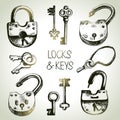 Hand drawn sketch locks and keys set. Vector illustration