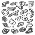 Hand drawn sketch meat products icon set Isolated on white background. Design elements for menu, butchery, restaurant