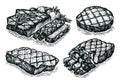 Hand drawn sketch meat set. Steak, Barbecue vector illustration