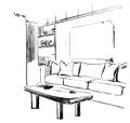 Hand drawn sketch of modern living room interior with a sofa, pillows, table, bookshelf and pictures. Furniture