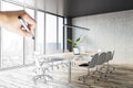 Hand drawn sketch of modern tile conference room interior with wooden flooring, furniture, panoramic glass window with city view.