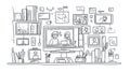 Doodle Workplace Scene Monitors, Video Calls, and Desk Organization Royalty Free Stock Photo