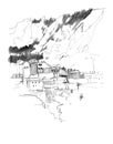 Hand drawn sketch of mountain rural landscape