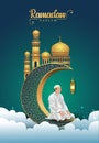 Hand drawn sketch of Muslim man praying with calligraphy of Eid Mubarak illustration. 3d crescent and mosque background Royalty Free Stock Photo