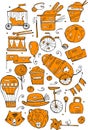 Hand drawn sketch orange circus and amusement vector illustrations. Vintage icons.Doodle design elements for banner, flyer, busin Royalty Free Stock Photo