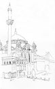 Hand drawn sketch of Ortakoy pier with the Buyuk Mecidiye Mosque, Istanbul, Turkey Royalty Free Stock Photo