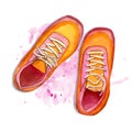 Hand drawn sketch of pair sneakers on pink watercolor background