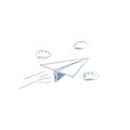 Hand drawn sketch of paper plane flying between clouds. Pencil cartoon for business concept of freedom, challenge or