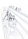 Hand drawn sketch of passengers in moving staircase