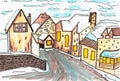 Hand drawn sketch. Peaceful European village in winter. Houses covered with snow