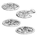 Hand drawn sketch pizza set. Different types of traditional Italian food. With salami, prosciutto, seafood, vegetables. Best for m Royalty Free Stock Photo