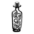Hand drawn sketch potion jar with magic liquid. Old corked bottle and vial of poison, elixir, mixture and herbal tincture