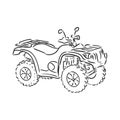 Hand drawn sketch of quad bike in black isolated on white background. Detailed vintage etching style drawing. atv vector Royalty Free Stock Photo