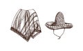 Hand-drawn sketch of realistic mexican poncho and sambrero. Vintage drawing of Latin American national clothes.