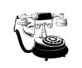 Hand drawn sketch of retro phone in black isolated on white background. Detailed vintage etching style drawing Royalty Free Stock Photo