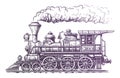 Vintage steam train locomotive, engraving style vector illustration. Hand drawn sketch retro transport Royalty Free Stock Photo