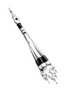 Hand drawn sketch of rocket in black color, isolated on white background. Drawing for posters, decoration and print