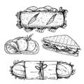 Hand drawn sketch sandwiches set.  Submarine, ciabatta, sandwiches with lettuce leaves, salami, cheese, bacon, ham and veggies. To Royalty Free Stock Photo