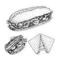 Hand drawn sketch sandwiches set. Submarine, ciabatta, triangle sandwiches with lettuce leaves, cheese, bacon, ham and veggies.