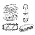 Hand drawn sketch sandwiches set. Submarine type sandwiches with lettuce leaves, salami, cheese, bacon, ham and veggies. Top and p