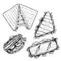 Hand drawn sketch sandwiches set. Top view. Submarine, ciabatta, triangle and rectangular sandwiches with lettuce leaves,cheese, b