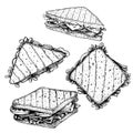 Hand drawn sketch sandwiches set. Triangle and rectangular sandwiches with lettuce leaves, salami, cheese, bacon, ham and veggies.
