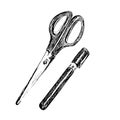 Hand drawn sketch of scissors and pen isolated on white background. Black line drwaing. Stationary and office supplies. Royalty Free Stock Photo