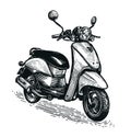 Hand drawn sketch of scooter. Retro motorcycle isolated on white background. Detailed vintage etching style drawing Royalty Free Stock Photo