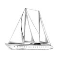 Hand drawn sketch of sea ship in black isolated on white background. Detailed vintage etching style drawing.