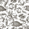 Hand drawn sketch seafood seamless pattern.